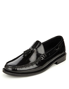 Black Leather Tassel Slip-On Loafers