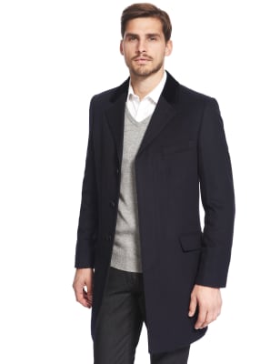 Dark Navy Wool Rich Velvet Collar Overcoat with Cashmere