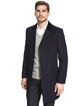 Dark Navy Wool Rich Velvet Collar Overcoat with Cashmere
