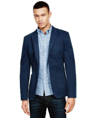 Beige Pure Cotton Tailored Fit Washed 2 Button Jacket