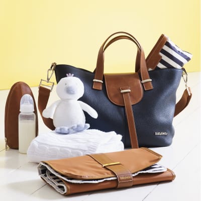 navy and tan changing bag