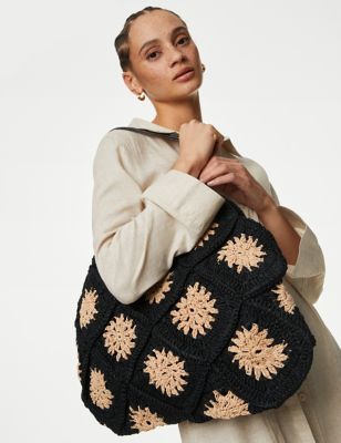 M&S Womens Crochet Straw Shoulder Bag - Natural Mix, Natural Mix