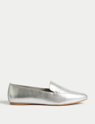 M&S Womens Wide Fit Leather Pointed Ballet Pumps - 3.5 - Silver, Silver