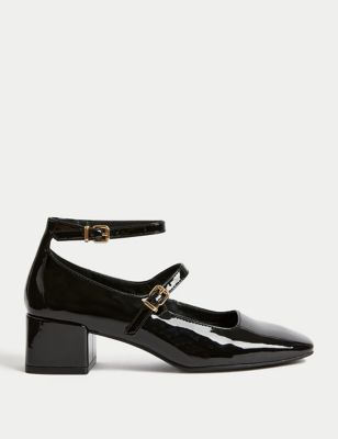 M&S Womens Patent Strappy Block Heel Court Shoes - 8 - Black, Black