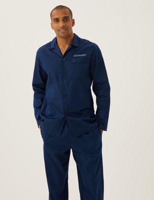 M&S Personalised Mens Polka Dot Pyjama Set - Navy, Navy