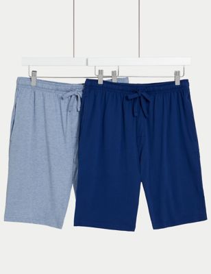 M&S Mens 2pk Cotton Rich Jersey Pyjama Shorts - Blue Mix, Blue Mix