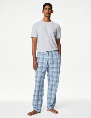 M&S Men's Pure Cotton Checked Pyjama Set - L - Blue Mix, Blue Mix
