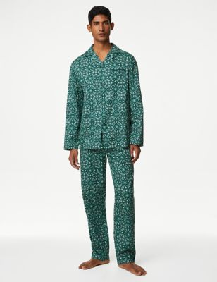 M&S Mens Pure Cotton Eid Geo Print Pyjama Set - Green Mix, Green Mix