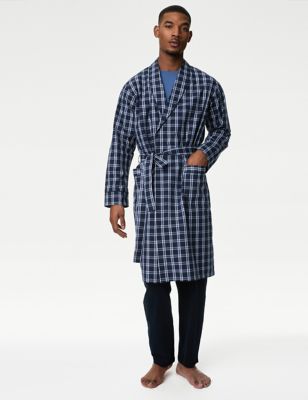 M&S Mens Pure Cotton Checked Dressing Gown - Navy Mix, Navy Mix
