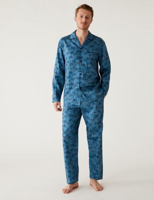 M&S Mens Pure Cotton Palm Print Pyjama Set - Blue Mix, Blue Mix