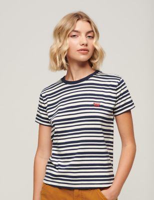 Superdry Womens Pure Cotton Striped T-Shirt - 8 - Black Mix, Black Mix,Blue Mix,Navy,Cream