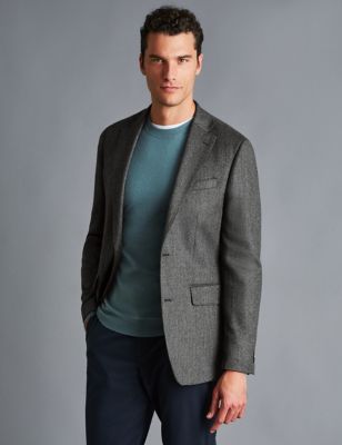 Charles Tyrwhitt Mens Slim Fit Pure Wool Herringbone Suit Jacket - 40REG - Grey, Grey