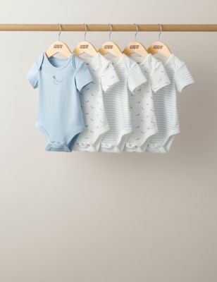 Mamas & Papas Newborn Boys 5pk Pure Cotton Whale & Striped Bodysuits (7lbs-2 Yrs) - 9-12M - Blue Mix