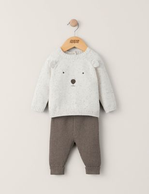 Mamas & Papas 2pc Pure Cotton Knitted Bear Outfit (0-12 Mths) - NB - Brown, Brown