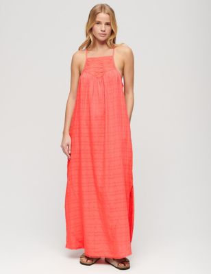 Superdry Womens Cotton Blend Lace Insert Strappy Maxi Beach Dress - 16 - Coral, Coral,Navy