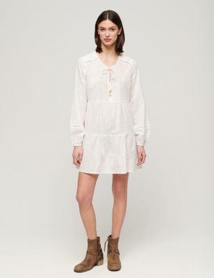 Superdry Womens Cotton Rich Tie Neck Mini Tiered Dress - 16 - White, White