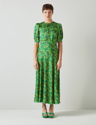 Lk Bennett Womens Floral Midi Waisted Dress - 12 - Green Mix, Green Mix