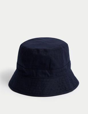 M&S Men's Pure Cotton Herringbone Bucket Hat - S-M - Navy, Navy