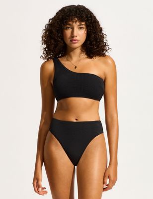 Seafolly Womens Sea Dive Textured High Leg Bikini Bottoms - 12 - Black, Black