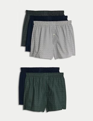 M&S Men's 5pk Pure Cotton Assorted Woven Boxers - XL - Green Mix, Green Mix