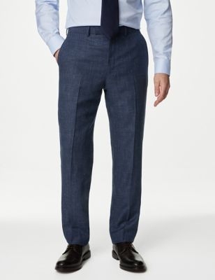 M&S Sartorial Mens British Wool Linen Blend Check Suit Trousers - 38SHT - Indigo, Indigo