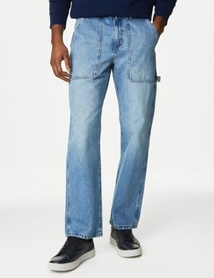 M&S Men's Loose Fit Carpenter Jeans - 3431 - Medium Blue, Medium Blue,Light Blue