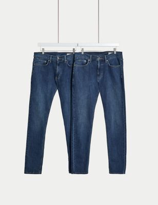 M&S Mens 2pk Slim Fit Stretch Jeans - 3229 - Medium Blue, Medium Blue