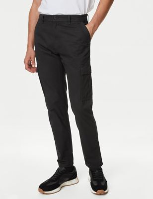 M&S Men's Tapered Fit Pure Cotton Cargo Trousers - 3229 - Black, Black,Khaki,Stone,Ecru,Slate Blue