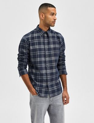 M&S Selected Homme Mens Slim Fit Pure Cotton Check Overshirt - XXL - Navy Mix, Navy Mix,Blue Mix