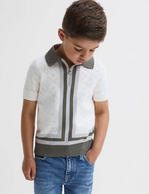 Reiss Boys Pure Cotton Knitted Half Zip Polo Shirt (3-14 Yrs) - 9-10Y - Cream Mix, Cream Mix