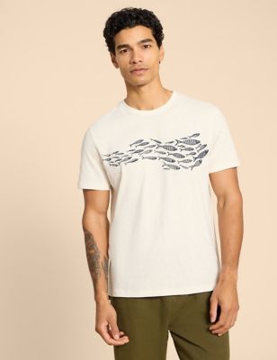 White Stuff Men's Pure Cotton Fish Graphic T-Shirt - XXL - White Mix, White Mix