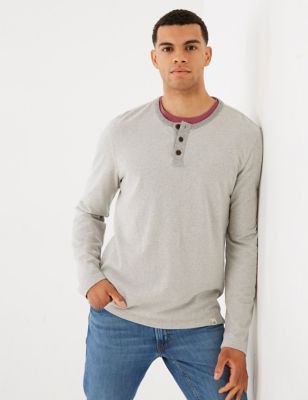 Fatface Mens Pure Cotton Textured Henley T-Shirt - Grey Mix, Grey Mix