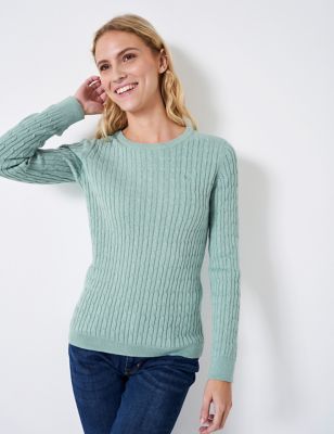 Crew Clothing Womens Cotton Rich Cable Knit Crew Neck Jumper - 8 - Turquoise, Turquoise,Navy,Jade,Li