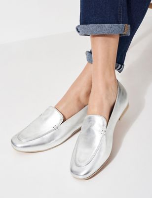 Crew Clothing Womens Leather Metallic Flat Loafers - 39 - Silver, Silver
