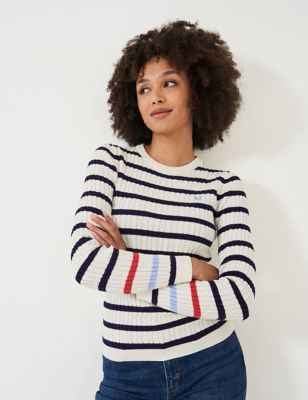 Crew Clothing Womens Cotton Rich Cable Knit Striped Jumper - 14 - White Mix, White Mix
