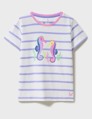 Crew Clothing Girls Pure Cotton Seahorse Sequin T-Shirt (3-12 Yrs) - 9-10Y - White Mix, White Mix