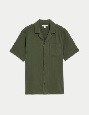 M&S Men's Easy Iron Pure Cotton Cuban Collar Waffle Shirt - MREG - Black, Black,Dark Green,Dark Khak