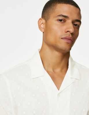 M&S Mens Pure Cotton Textured Cuban Collar Shirt - XXXXLREG - Navy, Navy,Chestnut,White