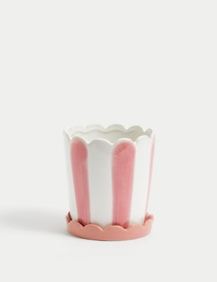 M&S Ceramic Striped Planter with Tray - Pink, Pink