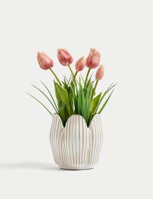 Moss & Sweetpea Artificial Tulips in Ceramic Pot - Pink, Pink
