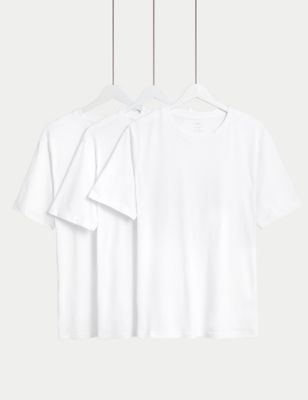 M&S Mens 3pk Pure Cotton Crew Neck T-Shirts - MREG - White, White,Navy Mix,Denim Mix,Grey Mix,Pale B