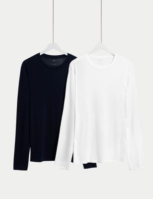 M&S Mens 2pk Pure Cotton Long Sleeve T-Shirts - XXXLREG - Grey Mix, Grey Mix,Black Mix,Black