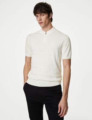 Autograph Men's Cotton Modal Zip Up Knitted Polo Shirt - XSREG - Black, Black,Ivory