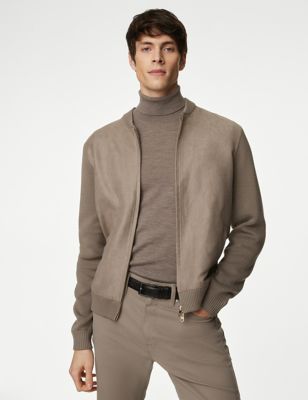 Autograph Mens Cotton Rich Zip Up Knitted Bomber - LREG - Taupe, Taupe