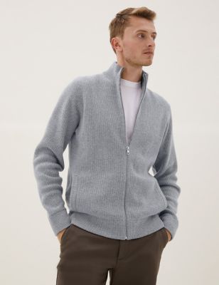 M&S Mens Wool Funnel Neck Knitted Jacket - XSREG - Black, Black,Grey
