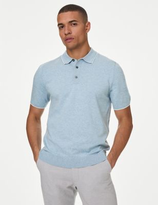 M&S Men's Cotton Rich Short Sleeve Knitted Polo Shirt - XXXXLREG - Beige, Beige,Dark Navy,Pale Blue,