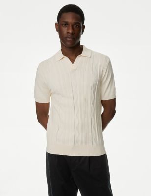 M&S Mens Cotton Rich Textured Knitted Polo Shirt - XXXXLLNG - Ecru, Ecru,Air Force Blue,Medium Laven
