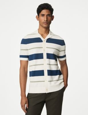M&S Mens Cotton Rich Striped Knitted Polo Shirt - MLNG - Blue Mix, Blue Mix