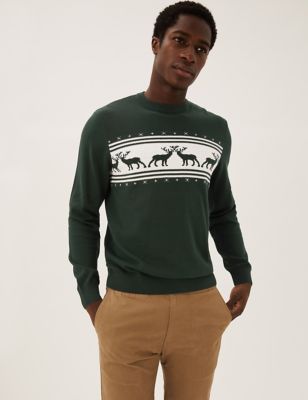 M&S Mens Pure Cotton Deer Christmas Jumper - XSREG - Dark Green, Dark Green