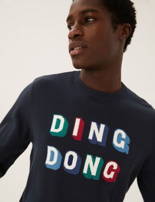 M&S Mens Pure Cotton Ding Dong Christmas Jumper - MLNG - Navy Mix, Navy Mix